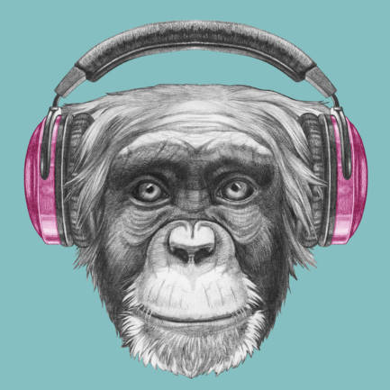 Portrait of Monkey with headphones. Hand drawn illustration.