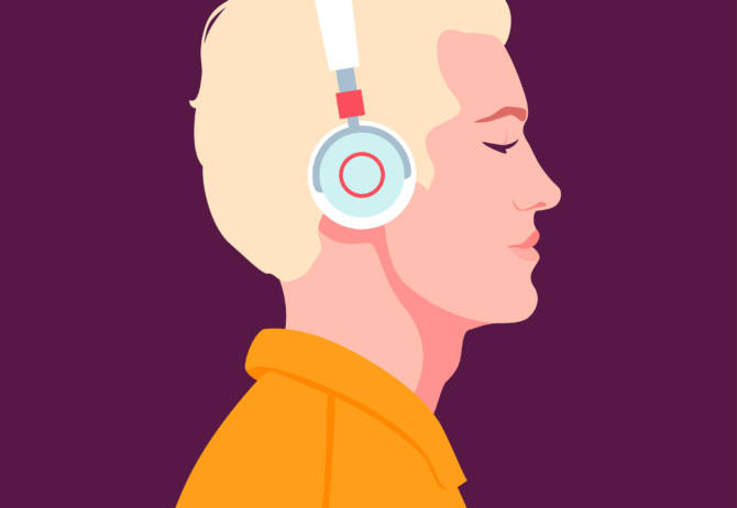 Young man listen to music on headphones. Music therapy. Guy profile. Avatar. Vector flat illustration.