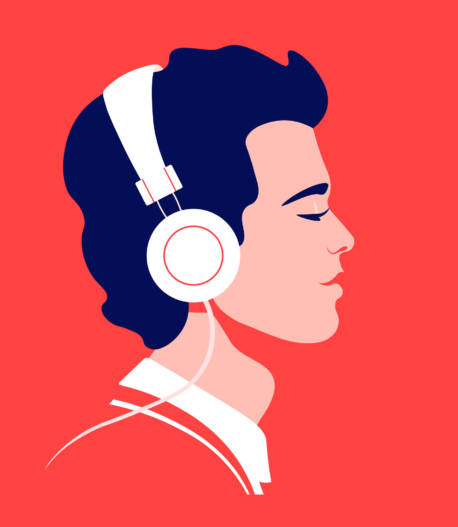 Young man listen to music on headphones. Music therapy. Guy prof