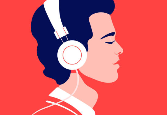 Young man listen to music on headphones. Music therapy. Guy prof