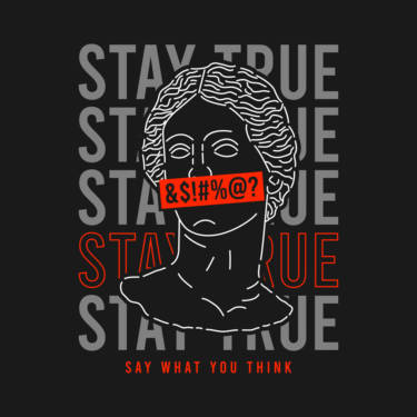 Antique statue with slogan for t-shirt design. Typography graphics for tee shirt and apparel with hand drawn sculpture and slogan - stay true. Vector illustration.