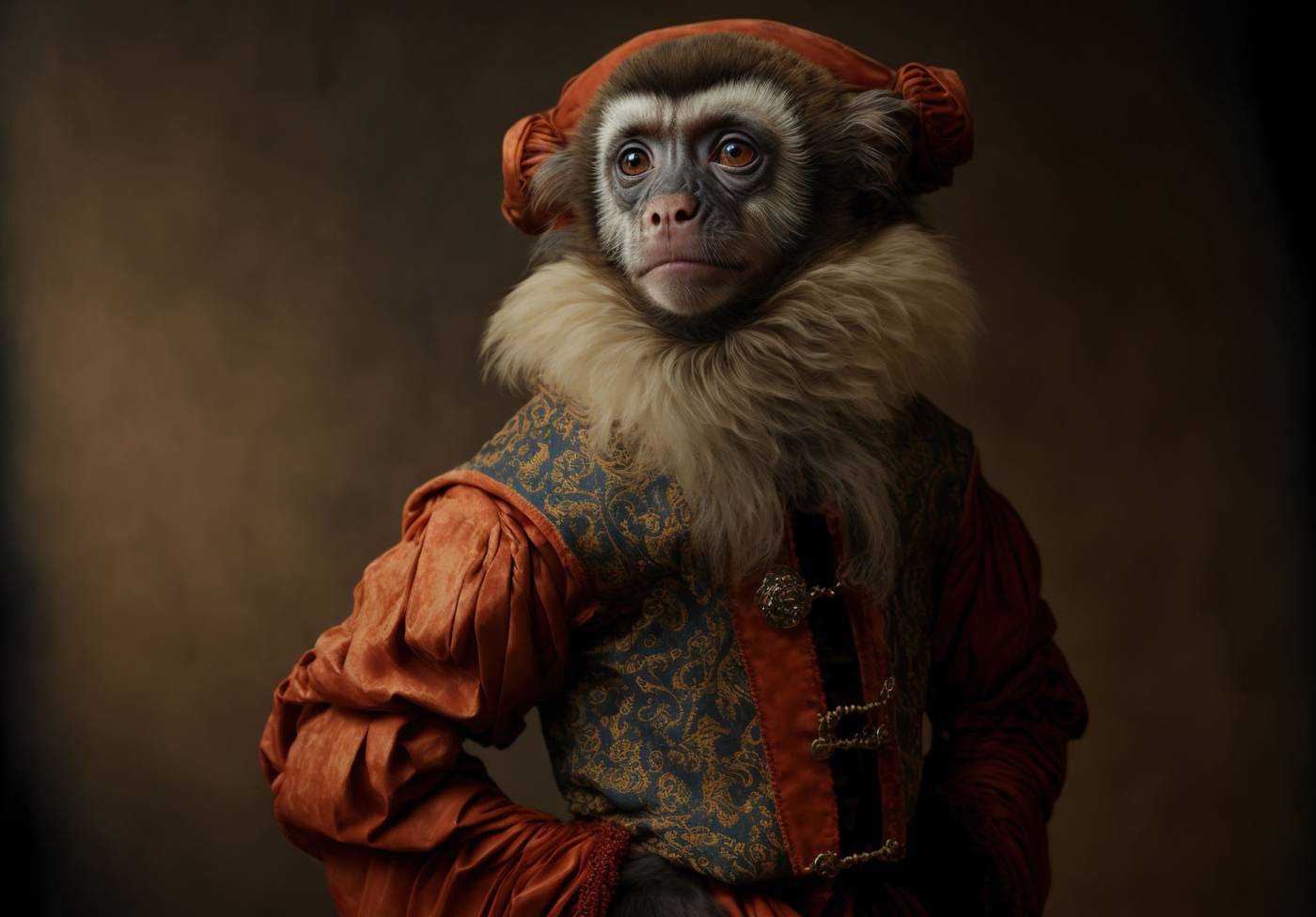 Created with Generative AI technology. portrait of a monkey in renaissance clothing