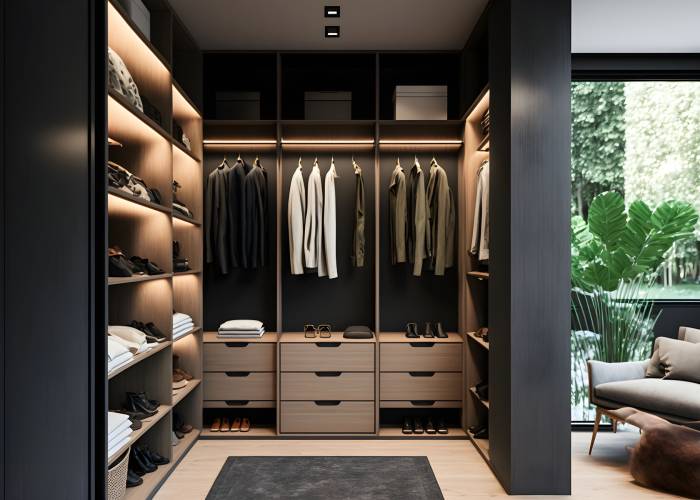 realistic front view of a modern walk-in closet  cabinet in warm