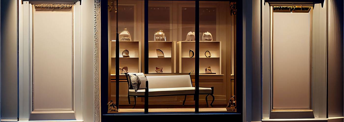 Luxury Parisian shopfront with fashion accessories in boutique window display