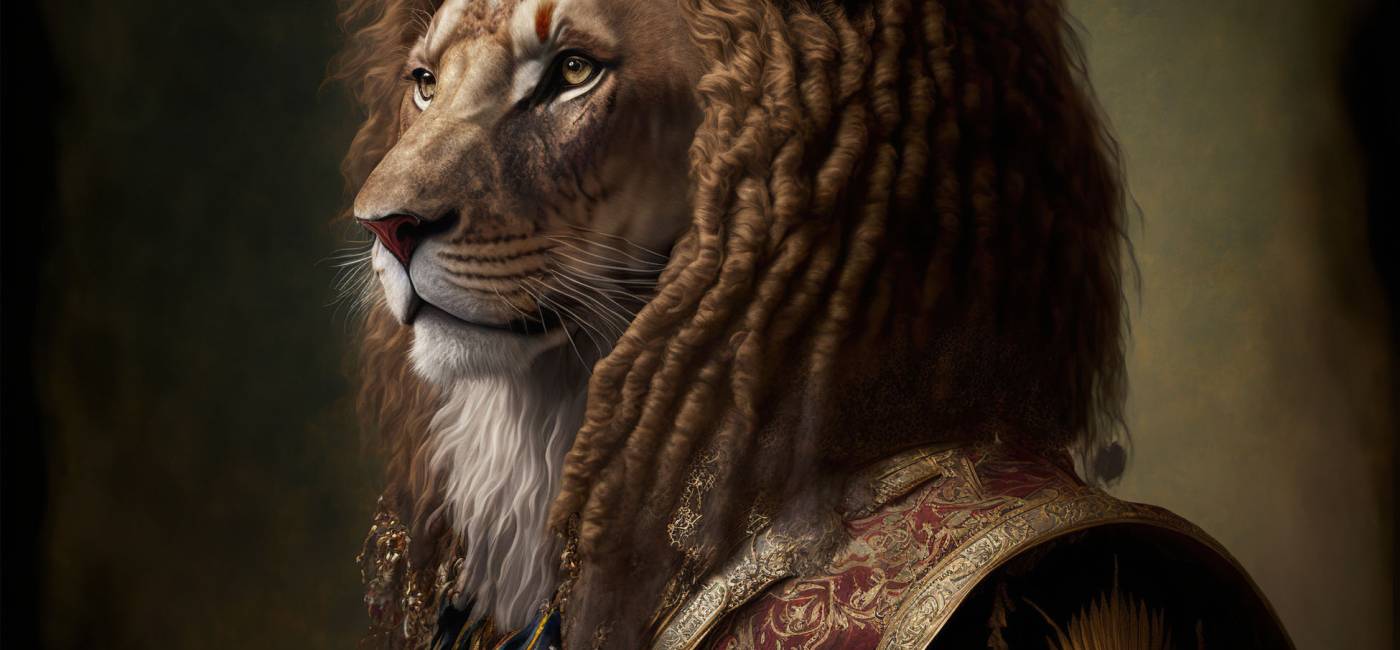 Created with Generative AI technology. portrait of a king lion in renaissance clothing