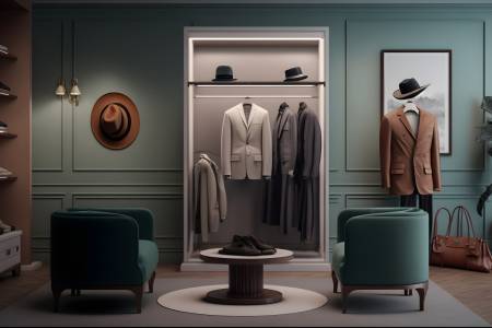 Interior of show room with stylish clothes and accessories, dres