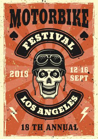 Motorbike festival vector colored poster in vintage style with skull in biker helmet