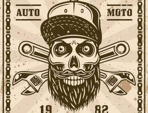 Bearded skull in cap and crossed adjustable wrenches poster in vintage style vector illustration. Layered, separate grunge textures and text