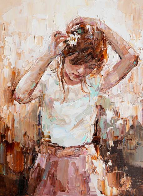 Beautiful pensive young girl with flower in her hair. Created in expressive manner and light colors, palette knife technique of oil painting and brush.