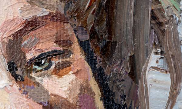 Fragment of a female portrait. Female eyes detail close. Oil painting on canvas.