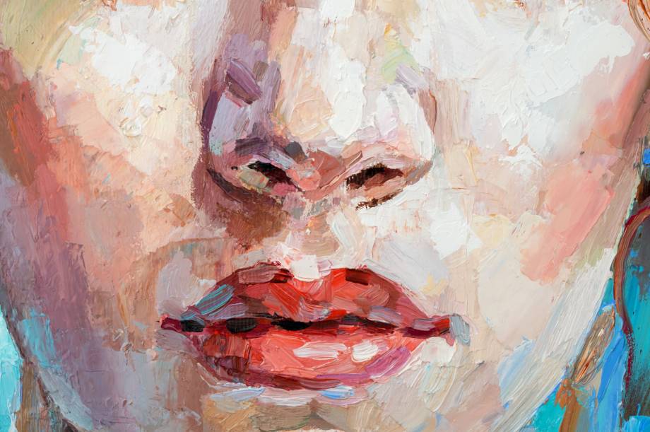 Fragment of art painting. Portrait of a girl with blond hair is made in a classic style. 
A woman's face with red lips.