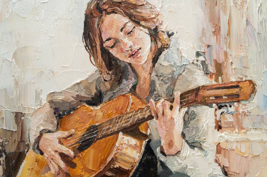 The girl plays the guitar. Music lessons. Oil painting on canvas.