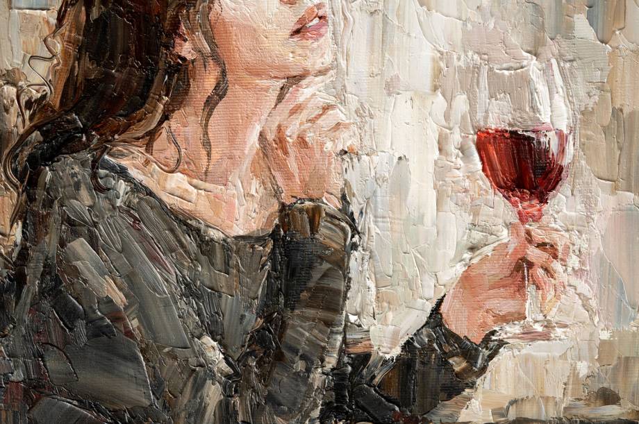 Beautiful attractive young woman  holding a glass of wine. Oil painting on canvas.